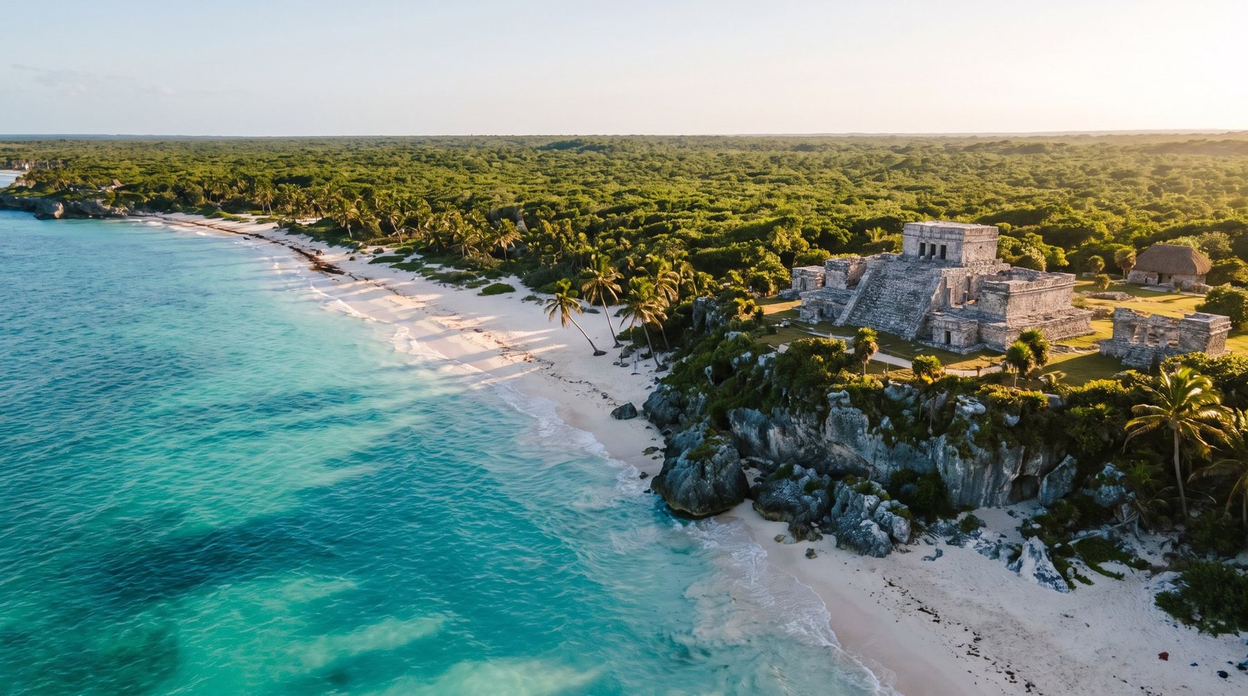 Vista aérea de la costa de Tulum con las ruinas mayas sobre el mar